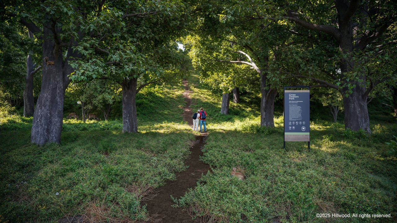 Phase 1 Landmark by Hillwood hiking trail through 1,100 acres preserved parkland Denton Texas