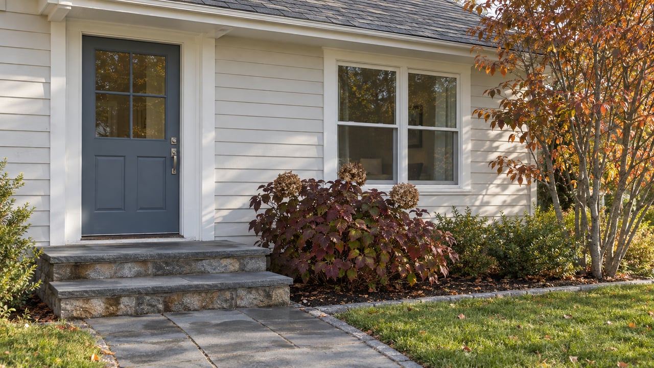 Off-white clapboard home with a blue-gray glazed front door, bluestone entry steps and autumn planting beside a paver approach.