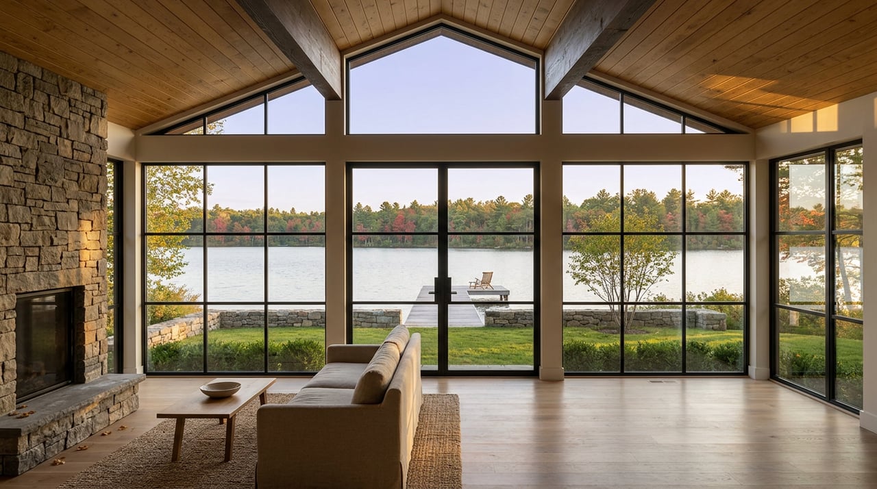 Lakefront great room with fieldstone fireplace and linen sofa overlooking a cedar dock, teak chair, and tree-lined shore.