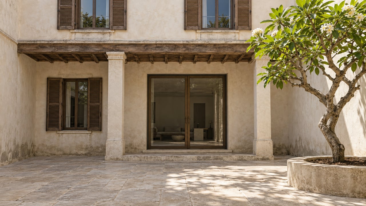 Ivory plaster courtyard home with timber shutters, limestone paving and a sculptural frangipani tree in a raised stone planter.