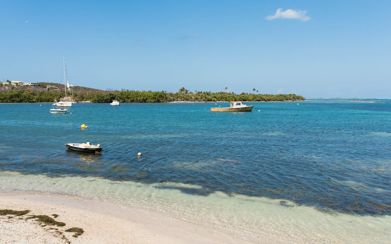 Tropical beach with clear turquoise water, anchored boats, and a palm-lined shoreline.