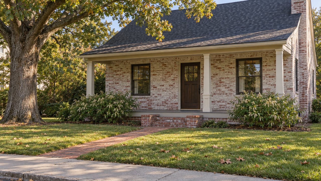 Cream-washed brick house with a covered porch, oak tree, front lawn, brick path, and sidewalk.