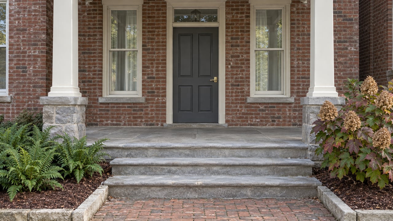 Traditional brick home's covered entrance with an ivory timber porch, charcoal door, limestone steps and autumn oakleaf hydrangea.