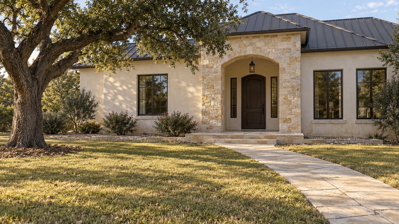 Pale stucco and limestone home with an arched oak entrance, deep autumn lawn and a mature live oak in afternoon light.