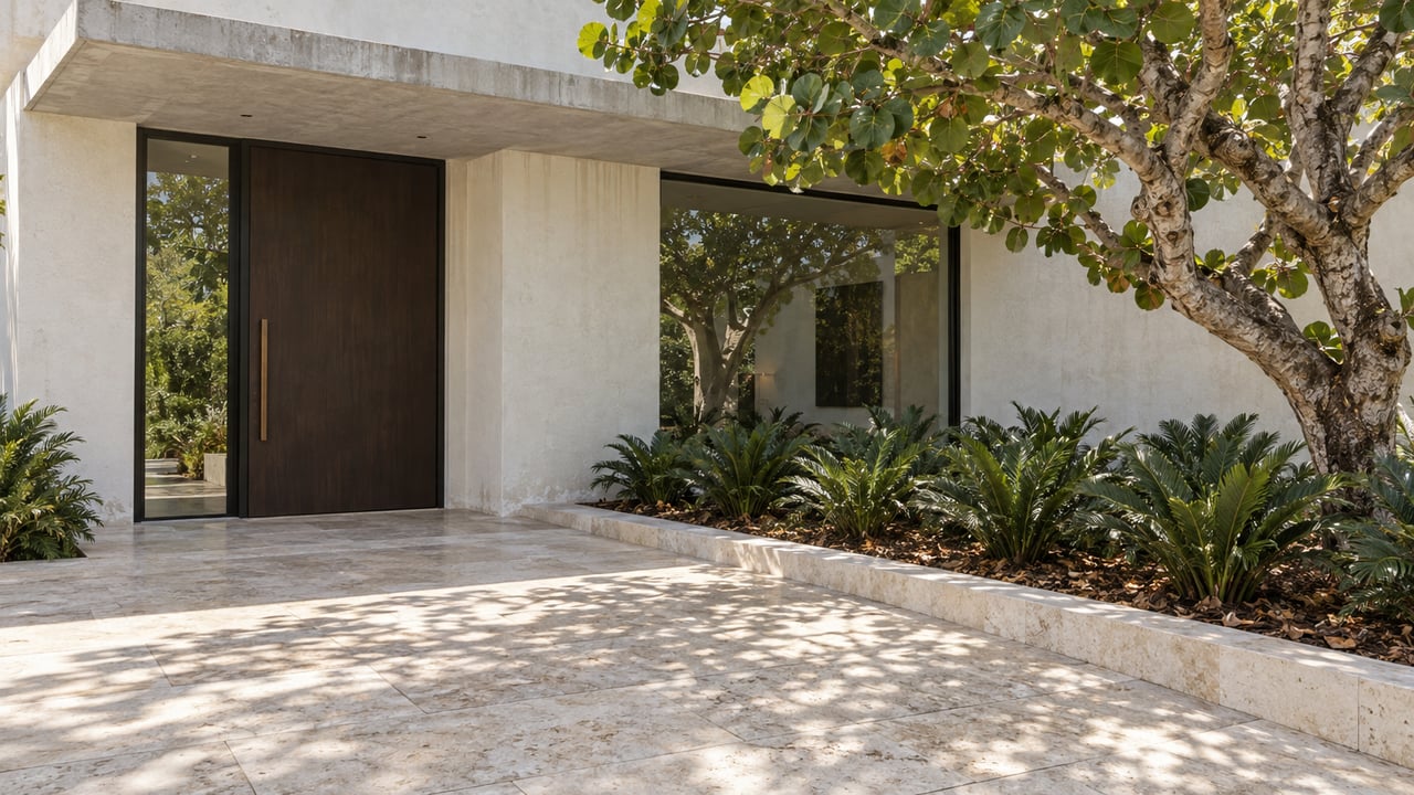 Elevated view of a white stucco home's shaded wood entrance, limestone approach, and sculptural sea grape tree.