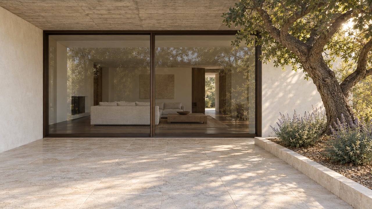 Covered limestone terrace beside bronze-framed glass doors, warm stucco and concrete, with an oak tree in a raised planting bed.
