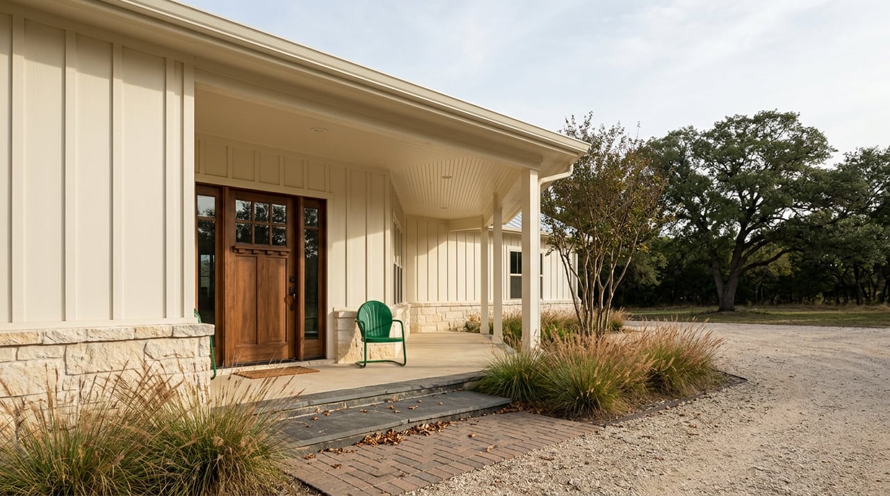 Off-white farmhouse porch with a stained-glass wood door and green chair, beyond a long gravel approach.