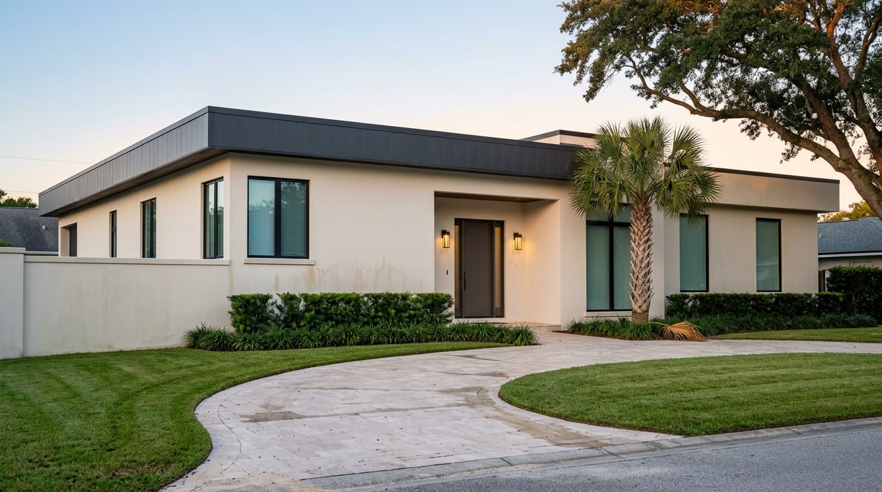 Flat-roofed stucco home with black-framed windows beneath an oak, beside a curved paver drive.