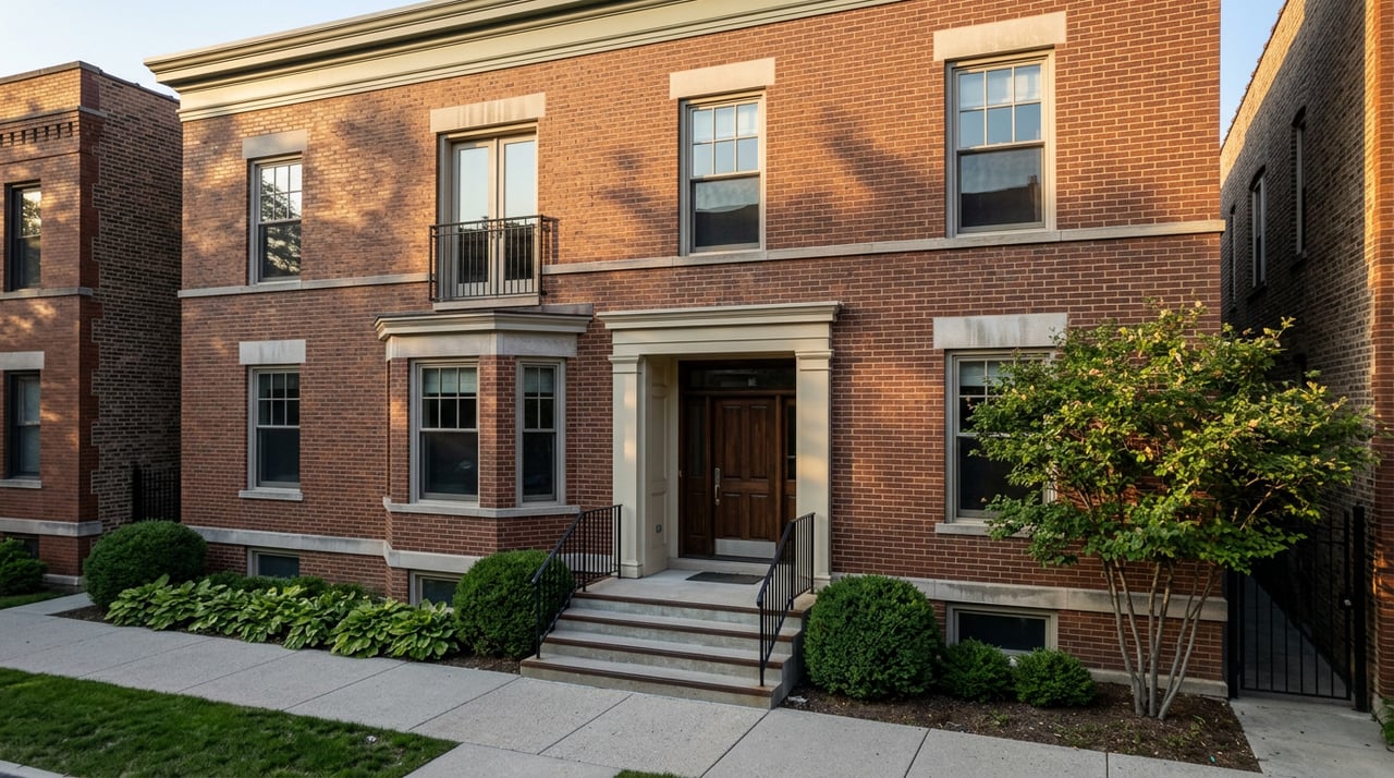 Three-story red-brown brick apartment building with a raised entry stoop, dark double doors, and clipped shrubs.