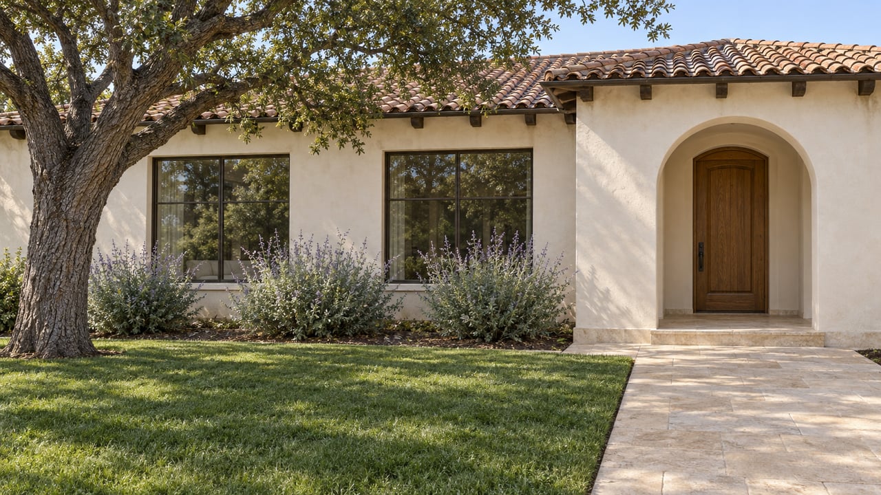 Ivory stucco home with terracotta roofing, a recessed oak entry, limestone approach and mature oak beside a deep front lawn.