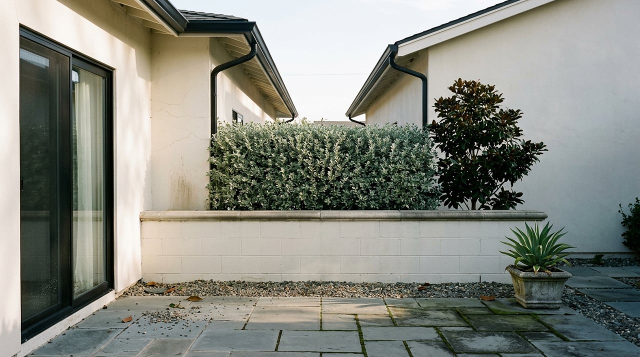 Low garden wall and clipped hedge divide a paved side yard between two stucco homes.