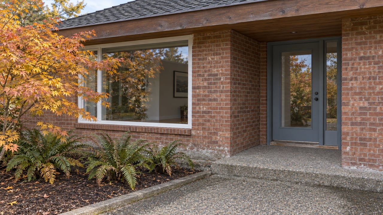 Autumn light across a brick home's recessed blue-gray entry, cedar eaves and aggregate front walk beside a copper-leaved maple.