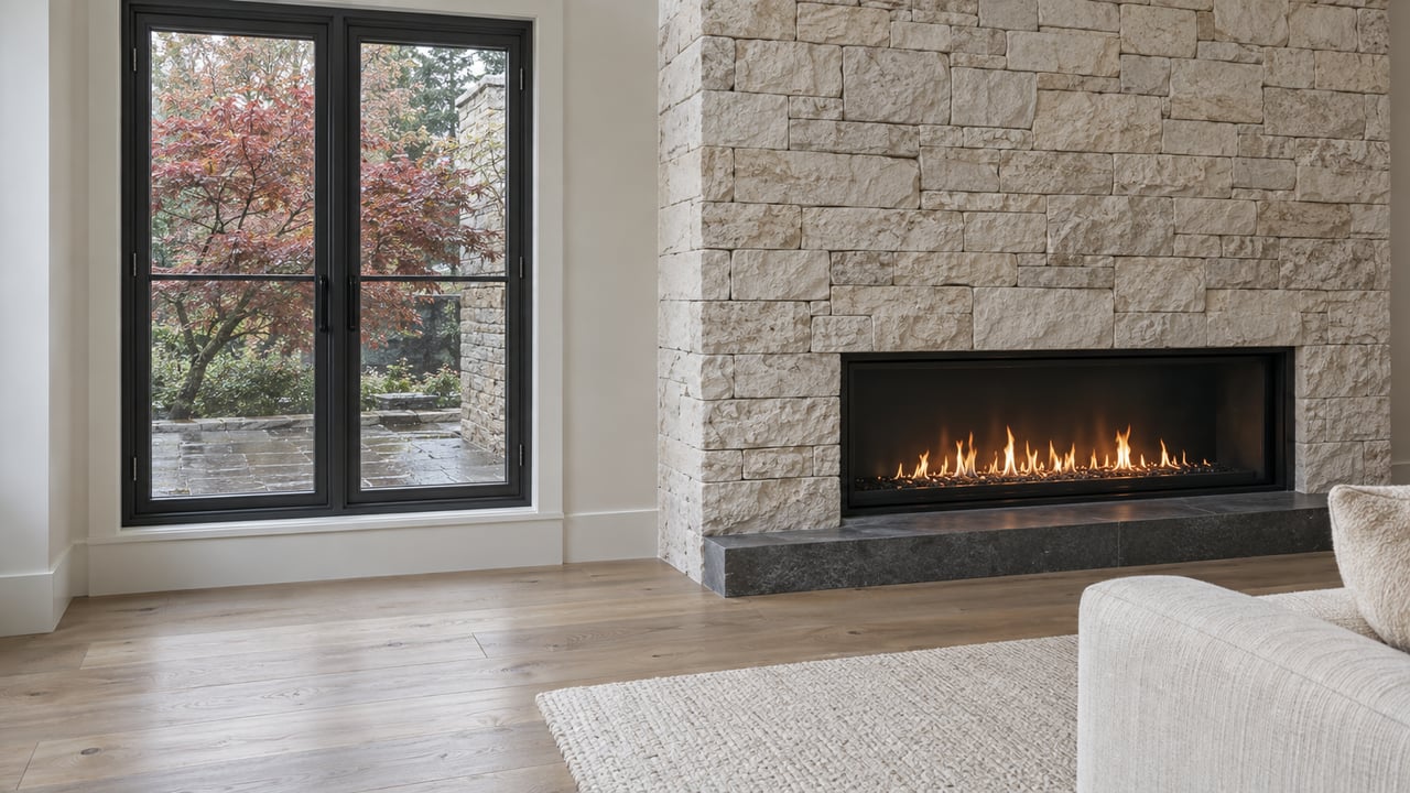 Pale stacked-stone fireplace beside black-framed windows, oak flooring, ivory rug, and a cropped cream chair.