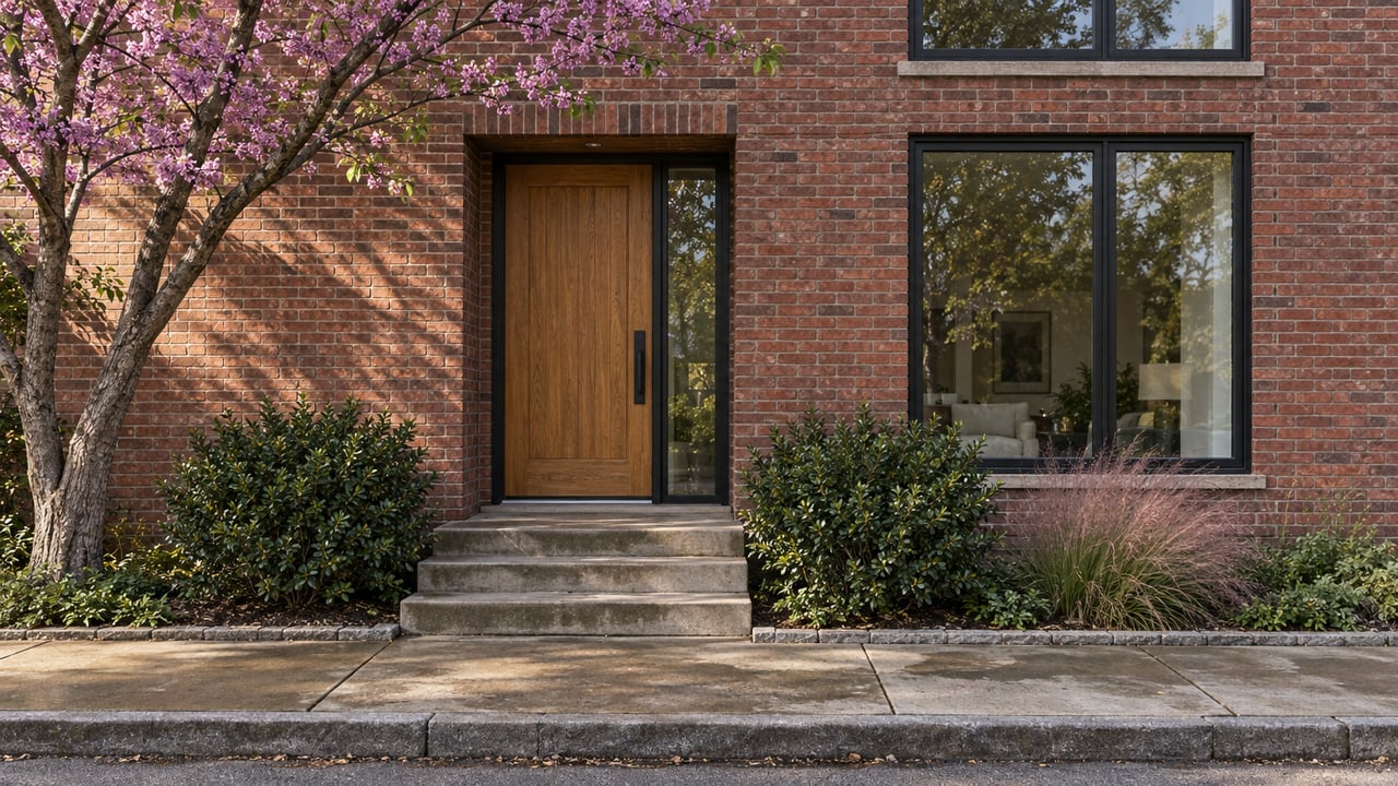Brick townhouse entry with oak door, black-framed windows, concrete steps, and a narrow planted sidewalk setback.