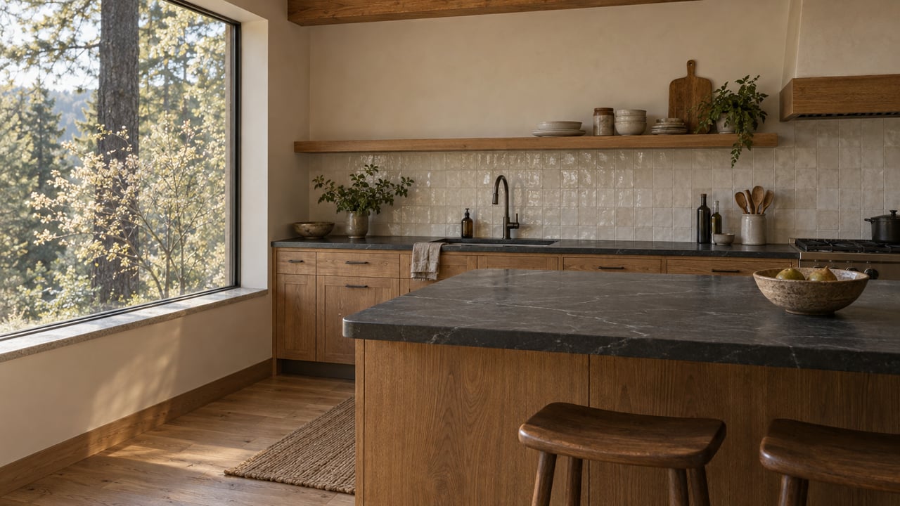 Kitchen with a charcoal soapstone island, oak cabinetry, and a picture window overlooking trees.