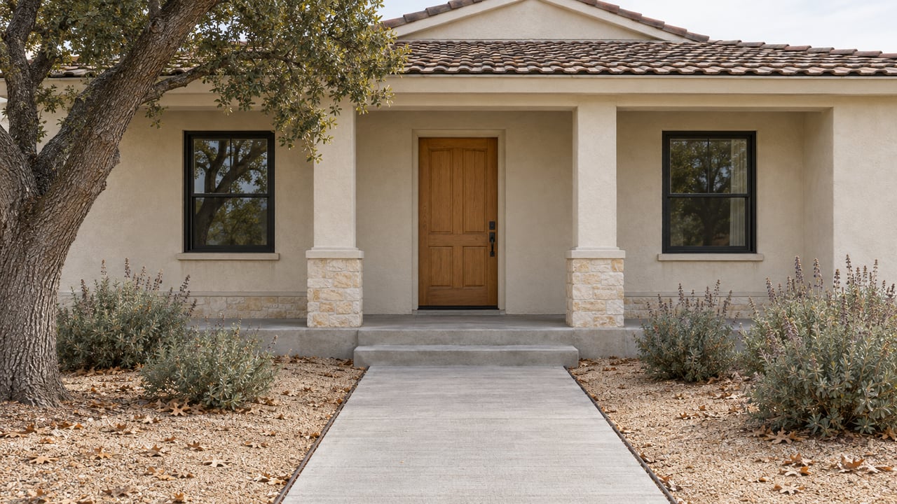 A concrete garden path approaches a shaded oak front door in a cream stucco home with stone porch bases, brown clay roof tiles, and Cleveland sage beneath a mature coast live oak.