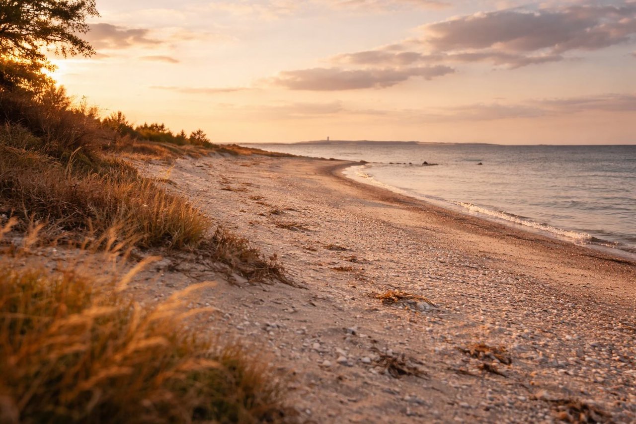 Orient Beach State Park shorline before sunset, calm water