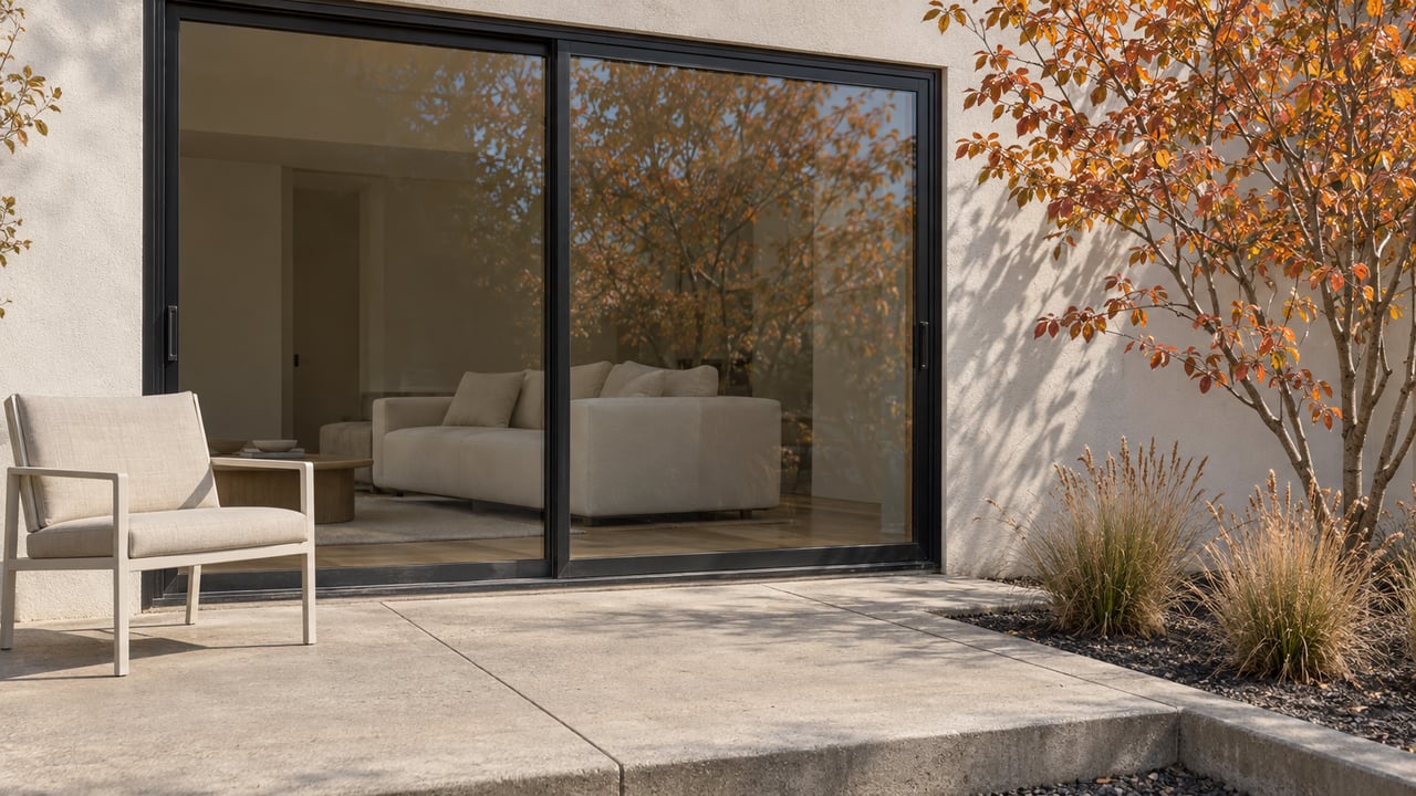Closed glass doorway opens onto a concrete terrace with a light chair and copper-leaved serviceberry.