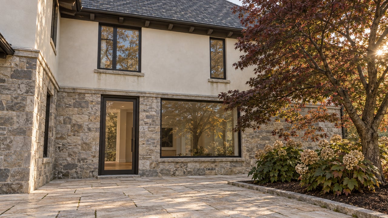 Garden-side corner of a stucco-and-stone house, with a glazed door, slate roof, and burgundy-green maple.