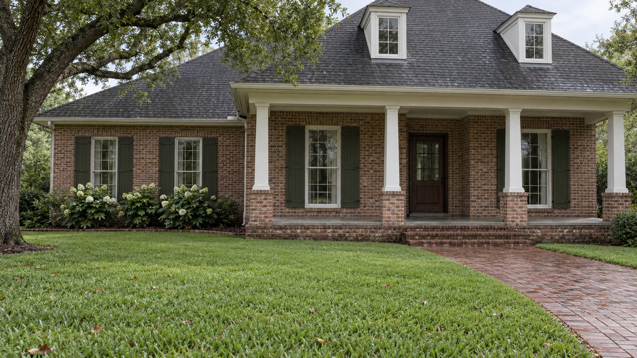 Brick family home with a steep charcoal roof, shaded front porch, deep green lawn and mature live oak after rain.
