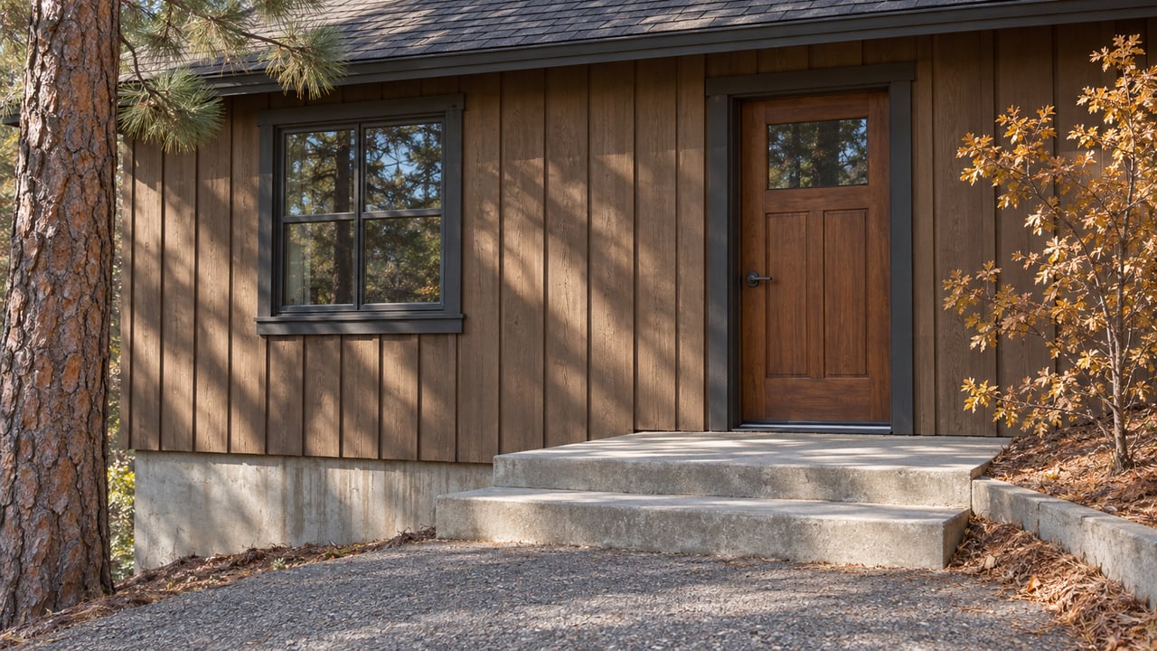 Weathered brown wood siding, a glazed entry door and concrete steps beside a pine trunk and an oak with autumn leaves.