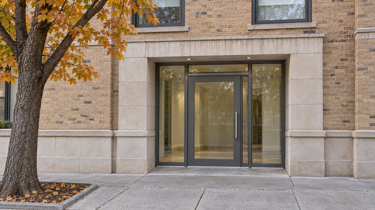 Buff-brick condominium entrance with a limestone surround, slate-gray glazed door and amber sugar maple beside a concrete sidewalk.