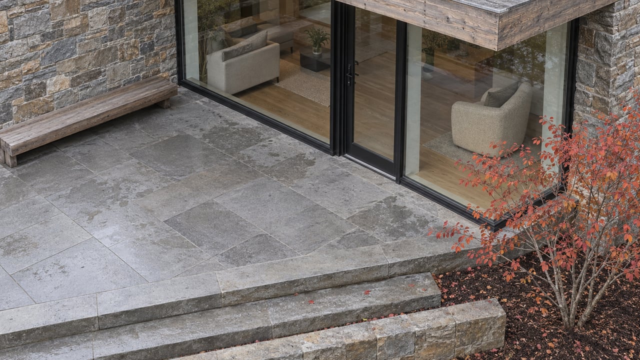 Elevated view of a stone terrace beside a timber-and-sandstone home, with black-framed glazing and a copper-leaved serviceberry.