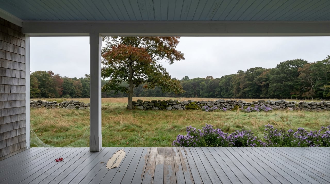 Covered porch with worn gray decking overlooks a meadow, stone wall, white oak, and dense tree line.