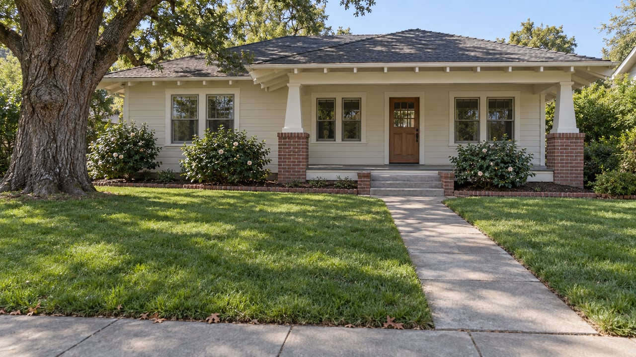Cream Craftsman home behind a deep green lawn, with a broad shaded porch, brick column bases and a mature oak.