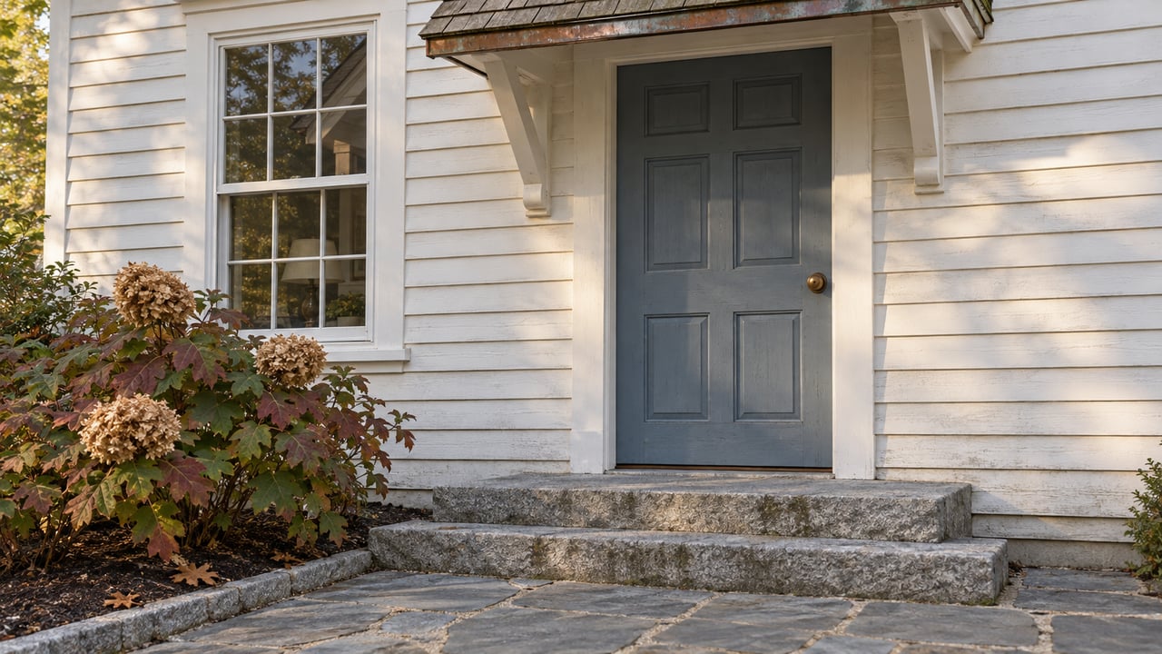 Blue-gray wood entry door beside a divided-light window, with white clapboard, granite steps and russet oakleaf hydrangea.