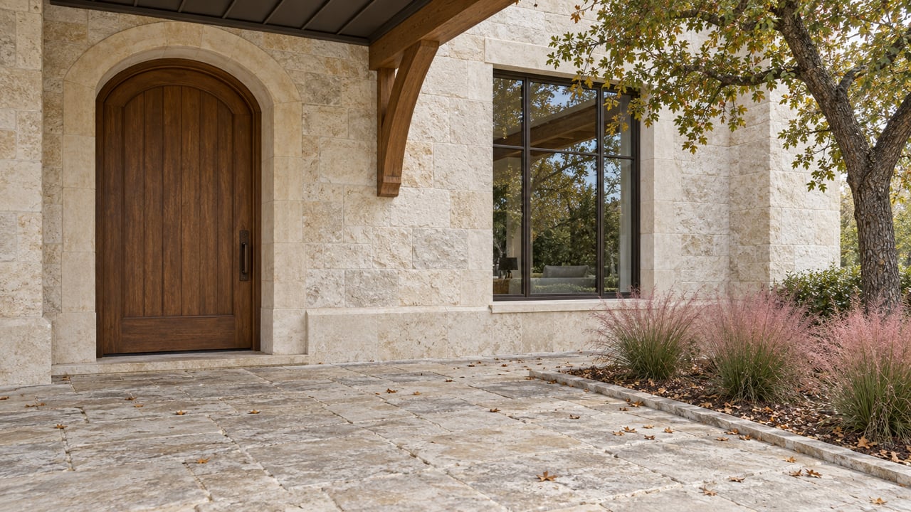 Limestone terrace beside a cream stone facade, with an arched oak door, bronze-framed window, and oak tree.