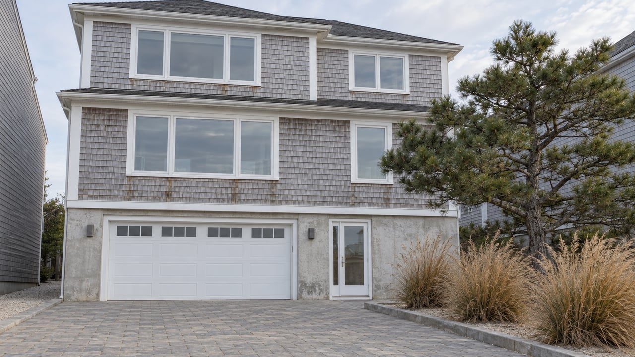 Raised cedar-shingle home with white-framed windows, a paved driveway, a sculptural pitch pine and autumn switchgrass.