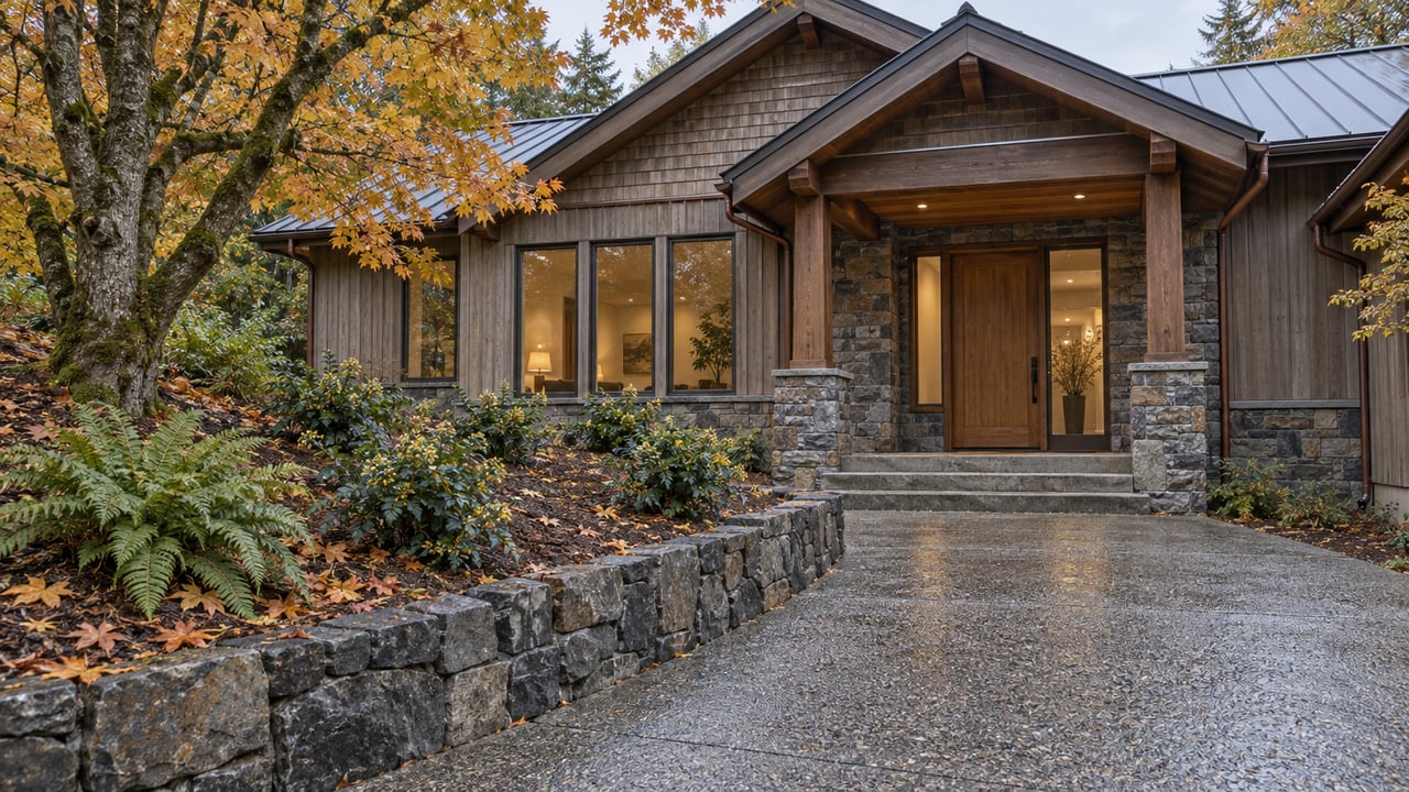 Rain-darkened approach leading to a cedar-and-basalt hillside home beneath autumn maple branches.