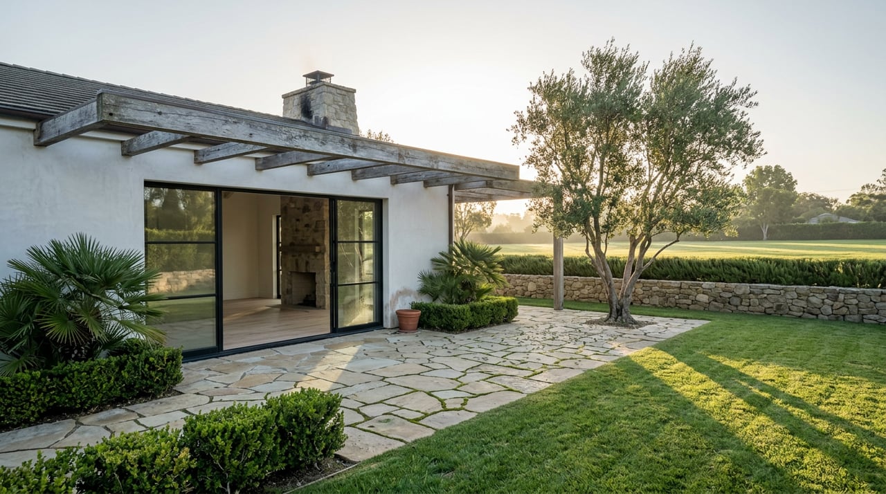 Ranch home opens onto a deep lawn, bounded by a low stone wall and clipped hedge beneath a backlit olive tree.