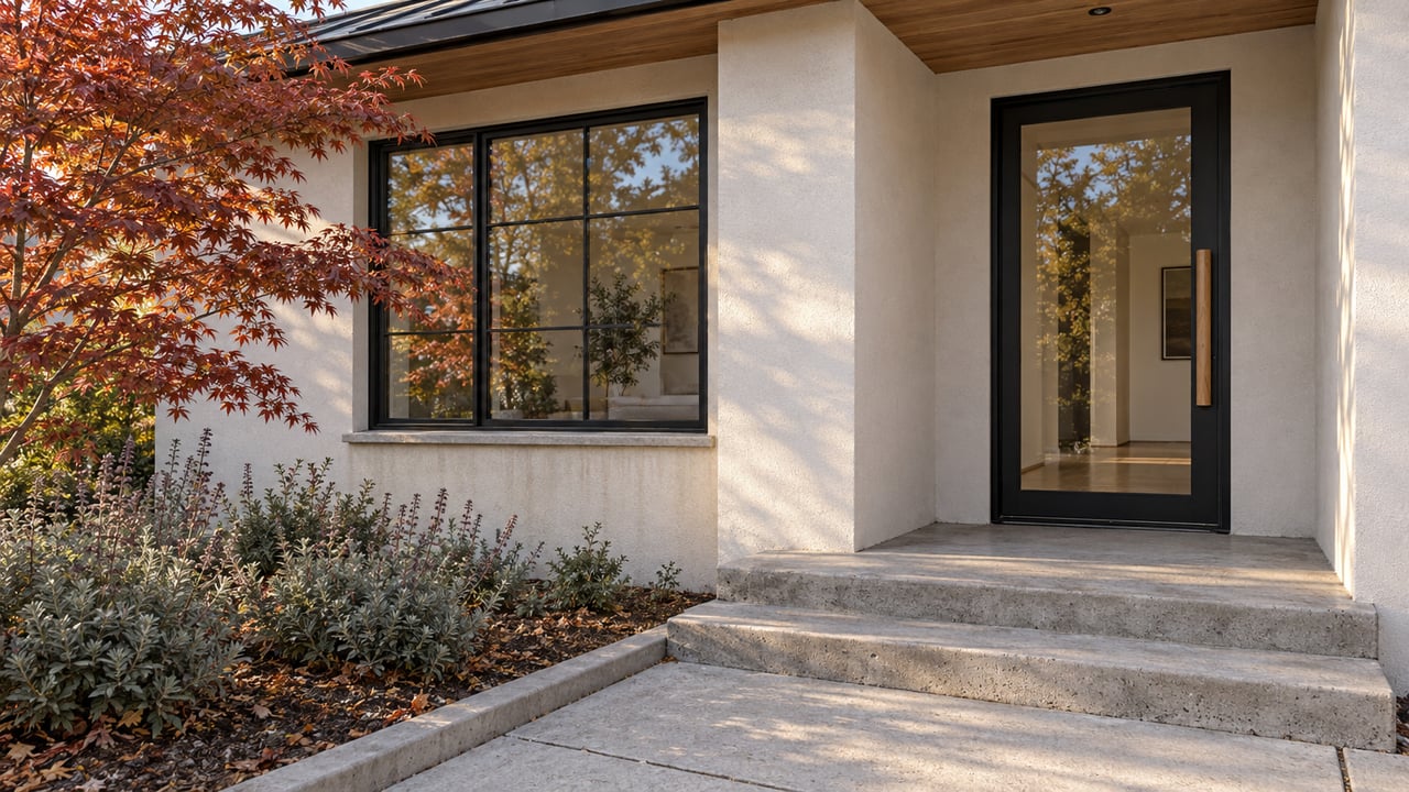 Warm afternoon light falls across a white stucco home's black-framed entry, concrete steps and red-leaved Japanese maple.