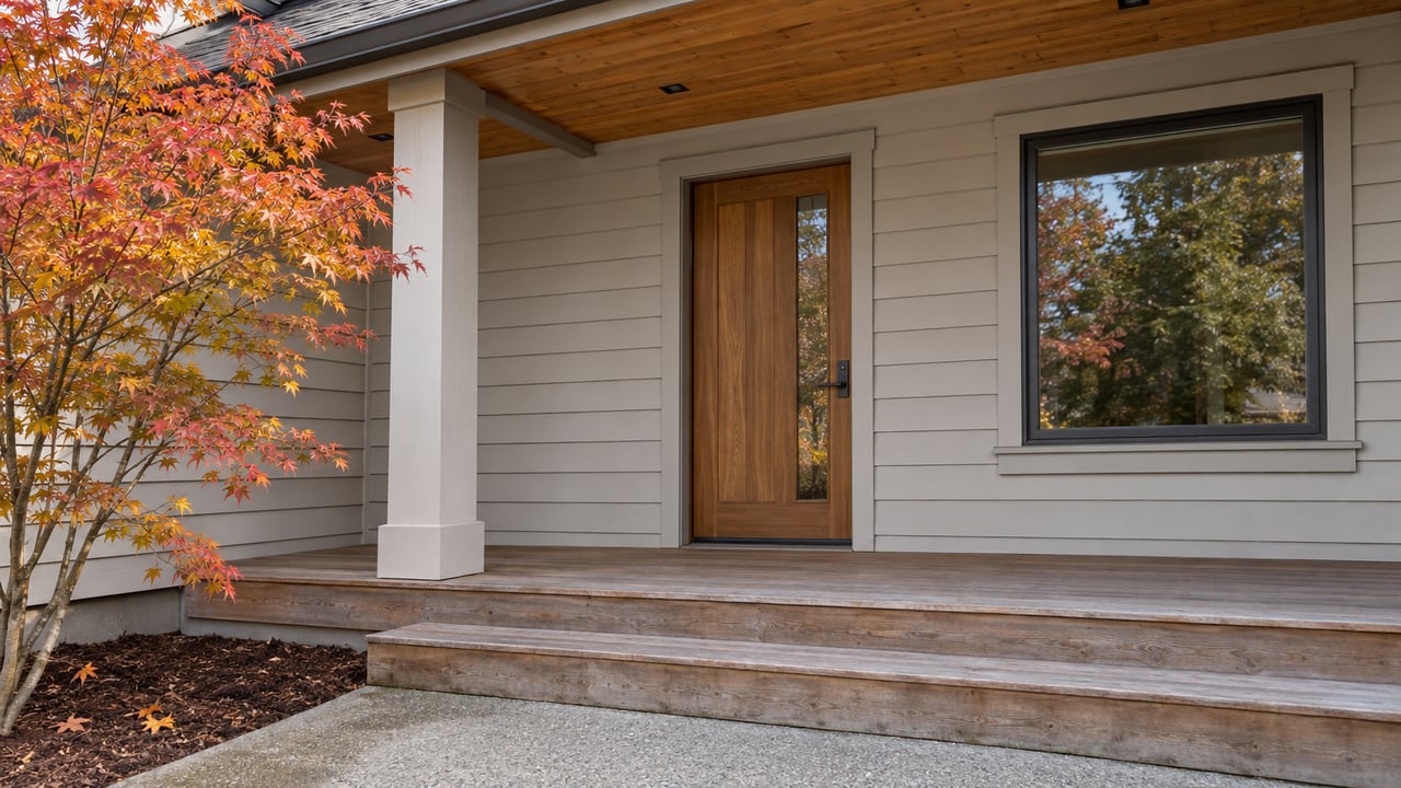 Covered home entry with cedar steps, warm wood door, gray siding and an autumn vine maple beside the concrete approach.