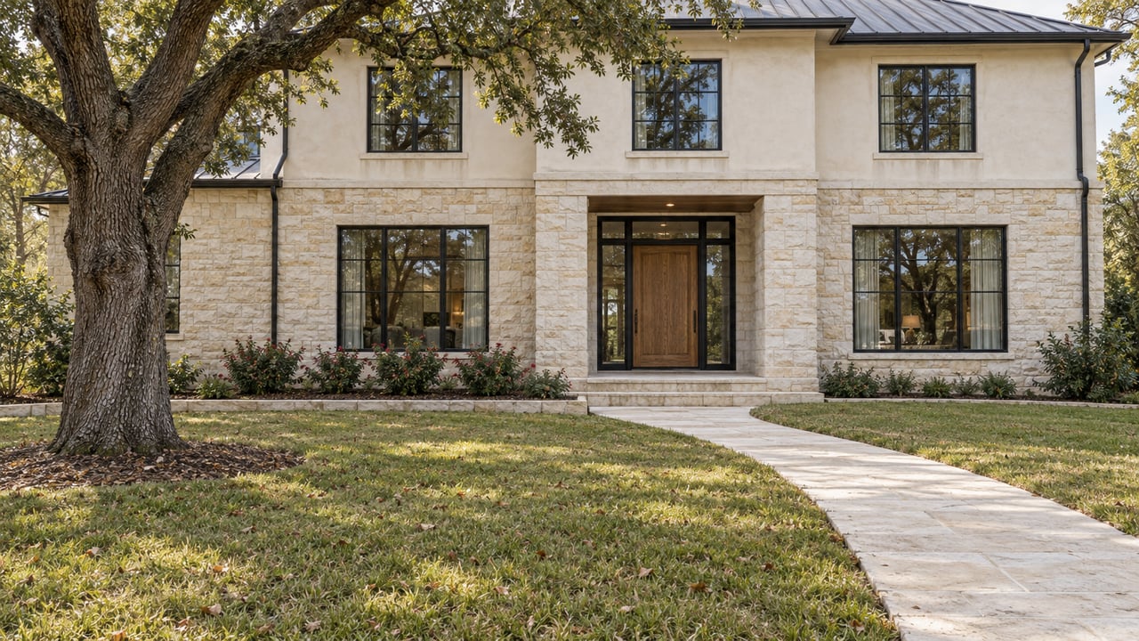 Stone-and-stucco home with black-framed windows, a limestone front walk and a mature live oak over an autumn lawn.