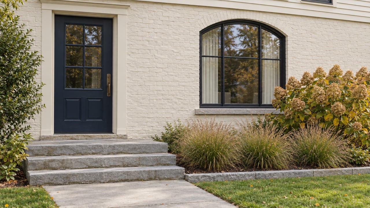 Ivory painted-brick cottage entry with a navy door, arched window, weathered stone steps, and autumn hydrangea planting.