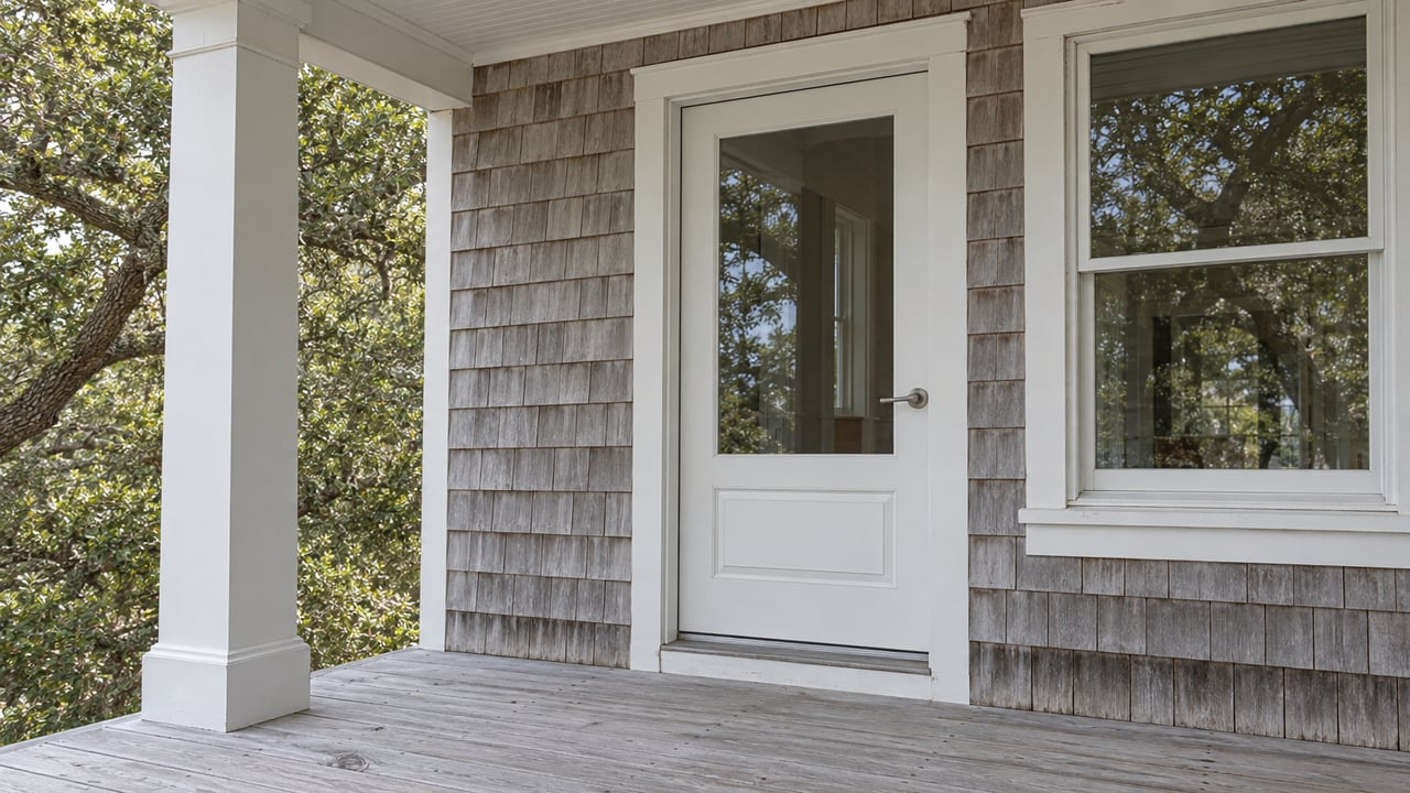 Closed glazed entry beside a broad window on a covered porch, with weathered gray cedar shingles, pale timber decking and a live oak canopy.