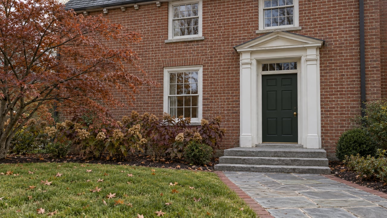 Late-fall garden approach to a brick home with a green front door, granite steps, bluestone walk and burgundy oakleaf hydrangeas.