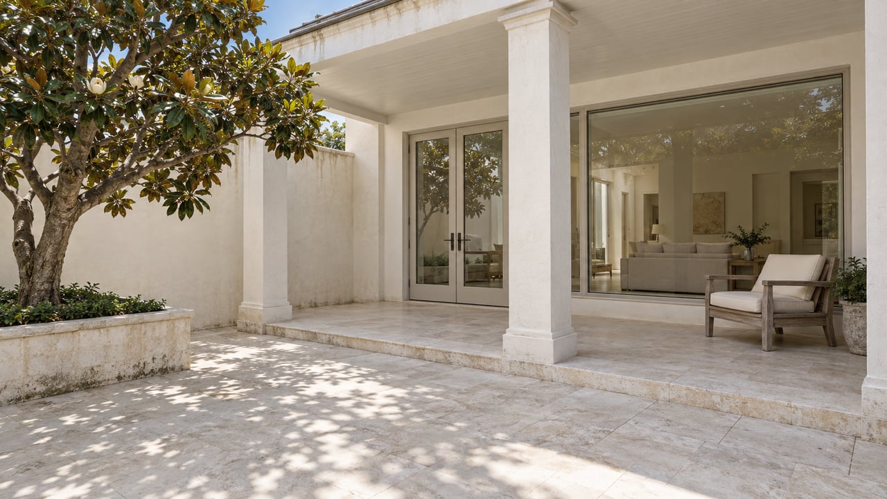 White masonry courtyard with pale limestone paving, a shaded terrace, closed glass doors, and a sculptural magnolia in a stone planter.