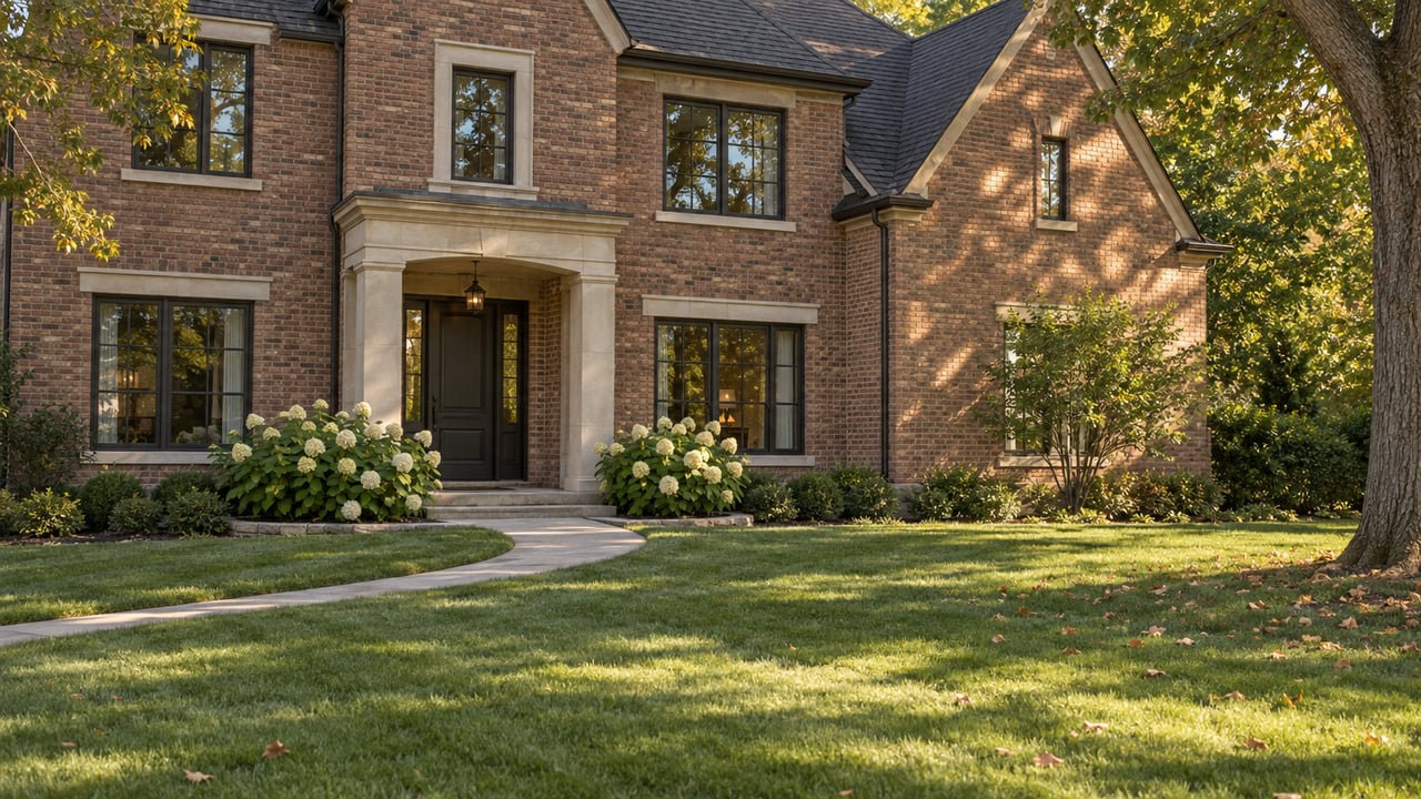 Brick home with a limestone-trimmed entrance beyond a broad lawn and curving concrete walk.