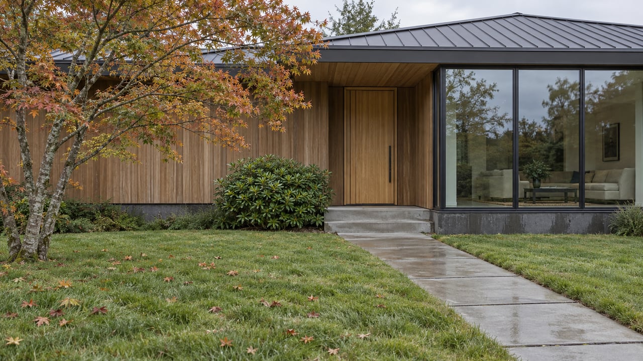 Contemporary cedar-and-glass home behind a broad lawn, with a diagonal concrete path and copper-green tree.