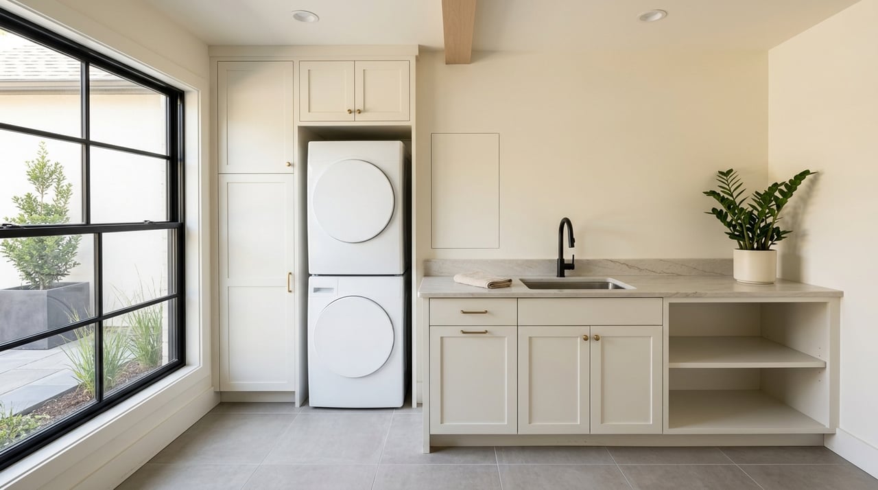 Laundry room with off-white cabinetry, stacked washer-dryer, stainless sink, and black-grid window.