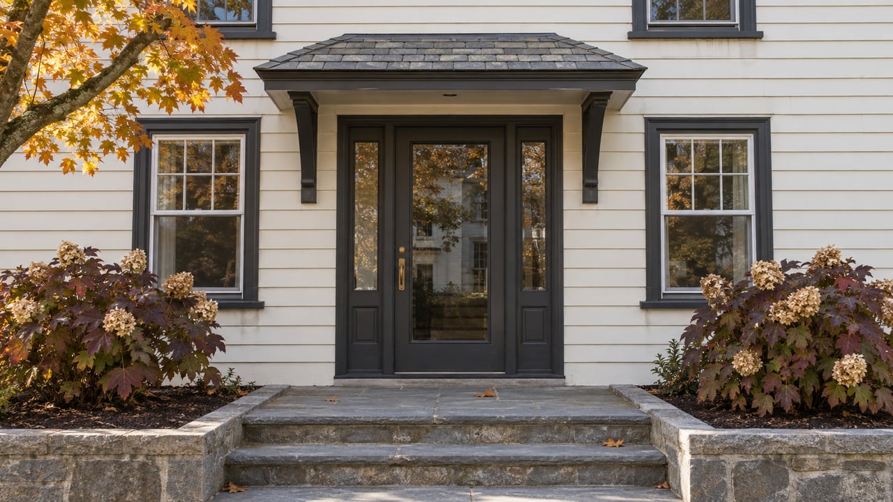 Ivory clapboard apartment entrance with dark-framed windows, paired sidelights, bluestone steps, and autumn planting.