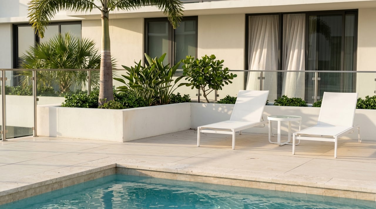 A swimming pool and terrace at a residential property.
