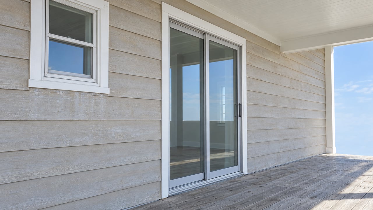 Weathered coastal cottage porch with a closed glass sliding door and a small square window.