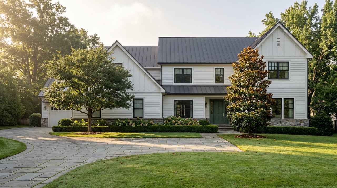 Dove-white estate home with a deep lawn, curving stone driveway, clipped hedges, and a mature flowering magnolia.