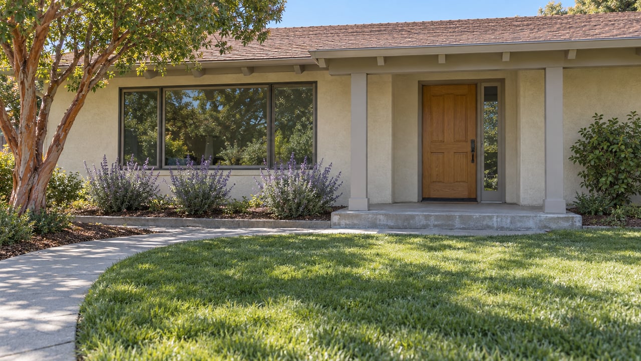 A single-story stucco ranch home with a shaded oak entry, broad front window, curved concrete walk and established front lawn.