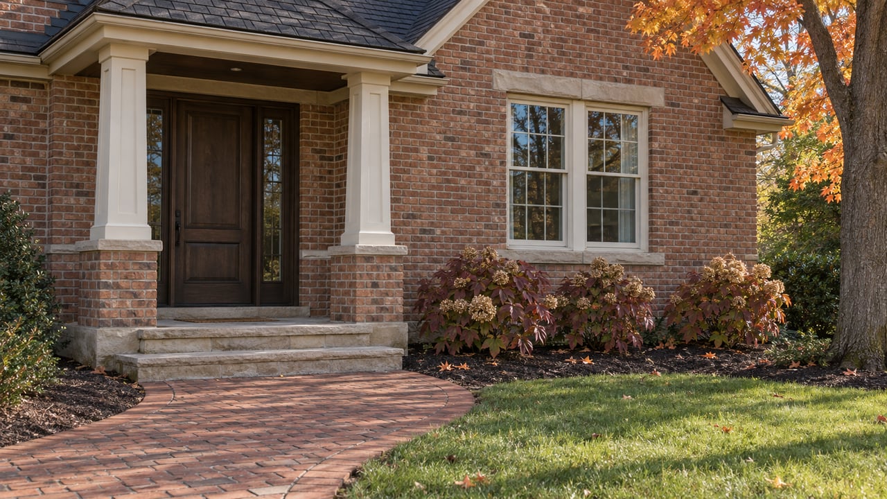 Autumn sunlight on a red-brick home's covered entry, divided-light windows, curved brick walk and copper-colored maple foliage.